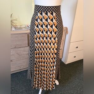 Navy Yellow Pleated Checkered Pattern Mixing Modest Maxi High-Waist Thick Skirt